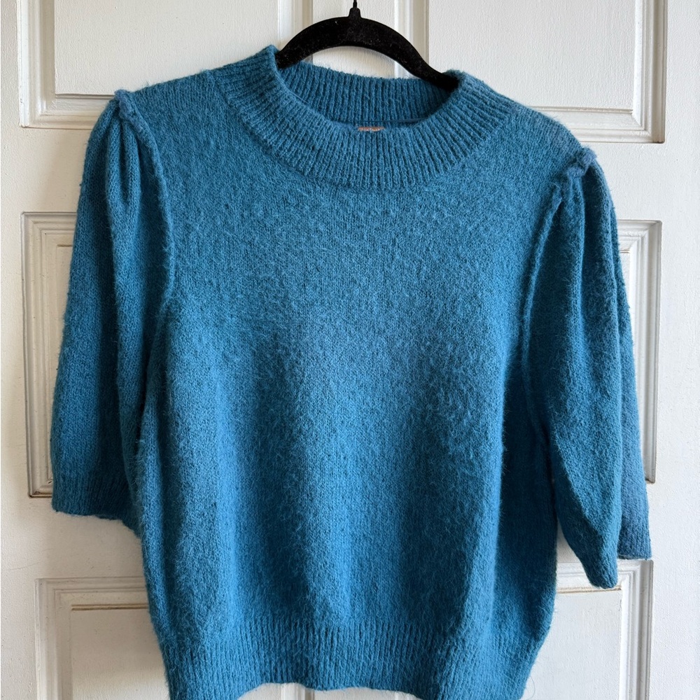 Free People Blue Crew Neck Sweater with Textured Knit